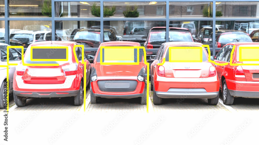 Obraz premium Red Cars Parked in a Row Outside a Modern Building on a Sunny Day