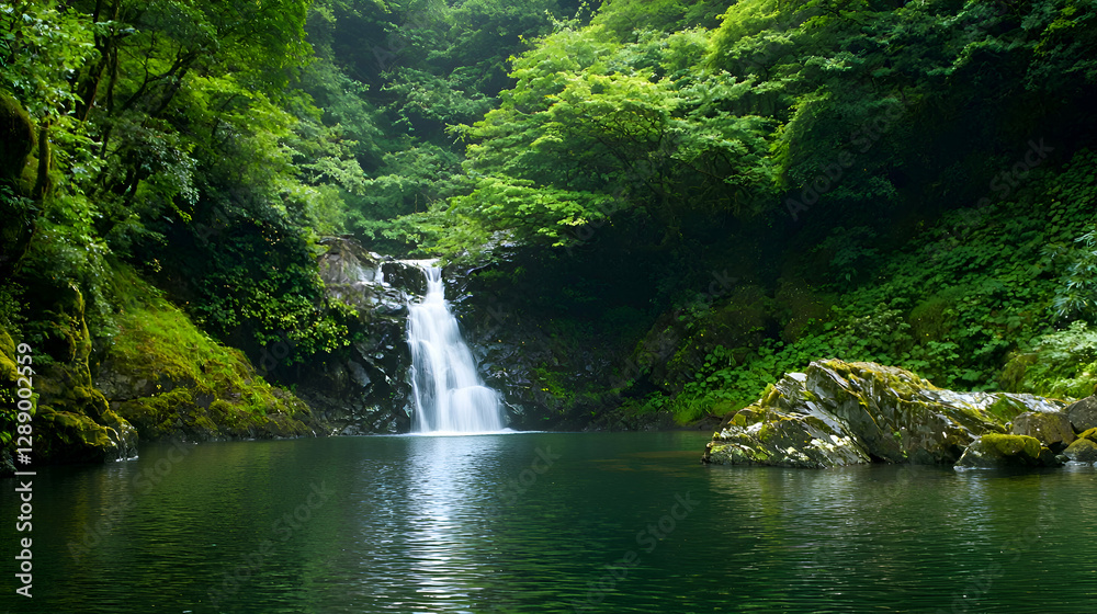 Fototapeta premium Serene Waterfall in Lush Green Forest