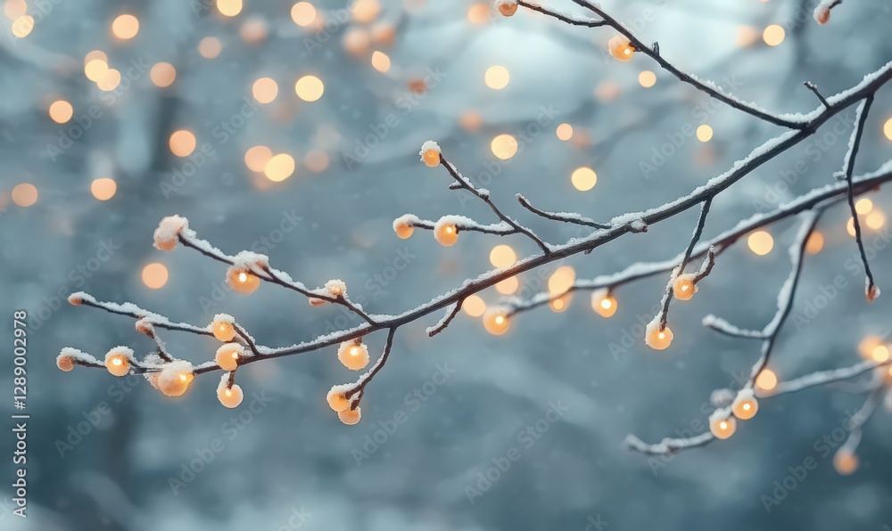 Snow-covered tree branch adorned with warm-toned fairy lights, soft-focus background, winter wonderland aesthetic Snow-covered tree branch adorned with warm-toned fairy lights, soft-focus background, winter wonderland aesthetic