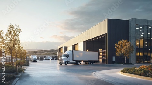 A clean photo of a delivery truck backed up to a sleek modern warehouse. background