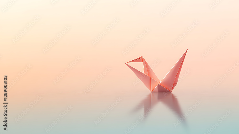 Naklejka premium Delicate origami swan gracefully rests on a reflective surface, bathed in the soft hues of a pastel sky, symbolizing serenity and hope.