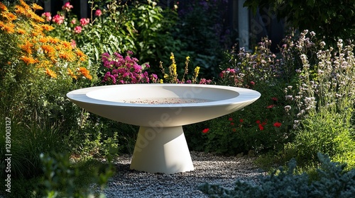 A clean, modern birdbath surrounded by colorful flowers in a garden. background