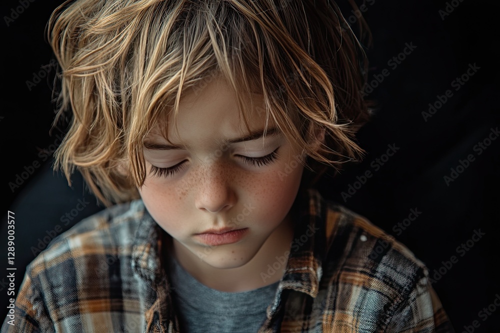 A child sits quietly with their head bowed, illustrating feelings of sadness and solitude, surrounded by an atmosphere of darkness A child sits quietly with their head bowed, illustrating feelings of sadness and solitude, surrounded by an atmosphere of darkness