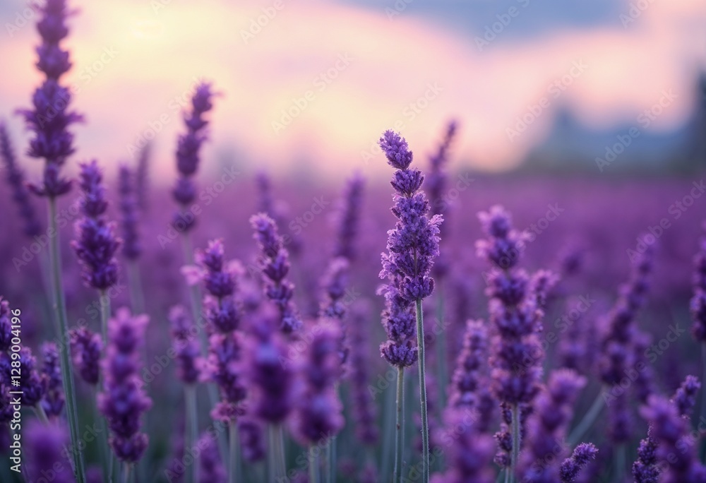Lavender field in full bloom with vibrant purple flowers under a soft pastel sky at sunset