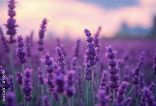 Obraz na płótnie Lavender field in full bloom with vibrant purple flowers under a soft pastel sky at sunset w salonie