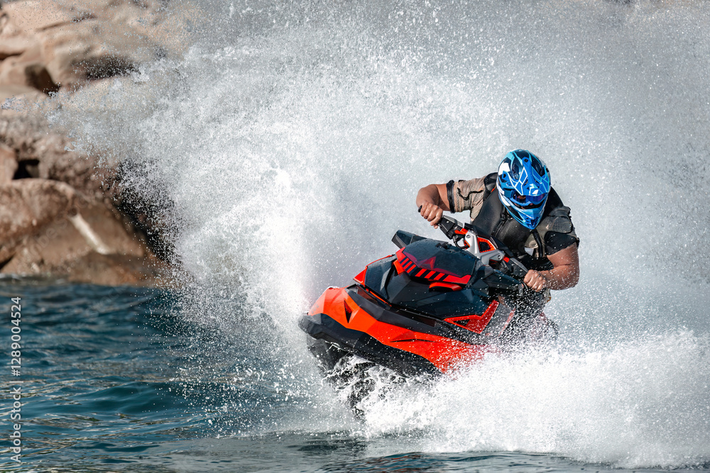 Professional athlete riding a jet ski at high speed on the sea Professional athlete riding a jet ski at high speed on the sea