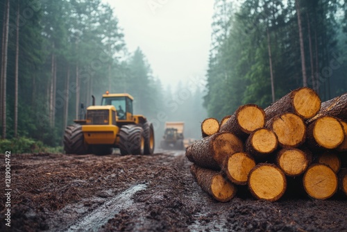 Large machinery works in a forest while neatly stacked timber rests on the forest floor, surrounded by dense greenery and natural light