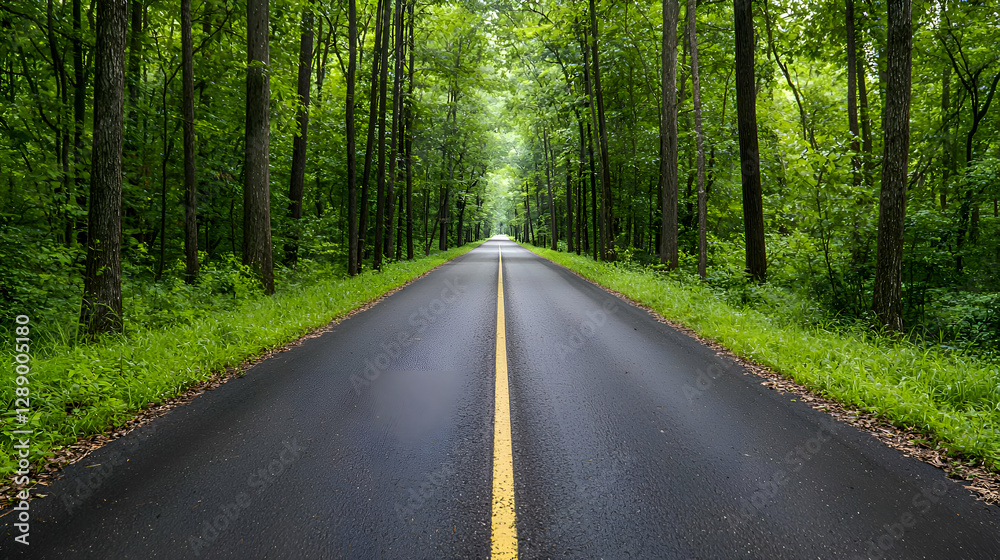 Naklejka premium Asphalt Road Through Lush Green Forest