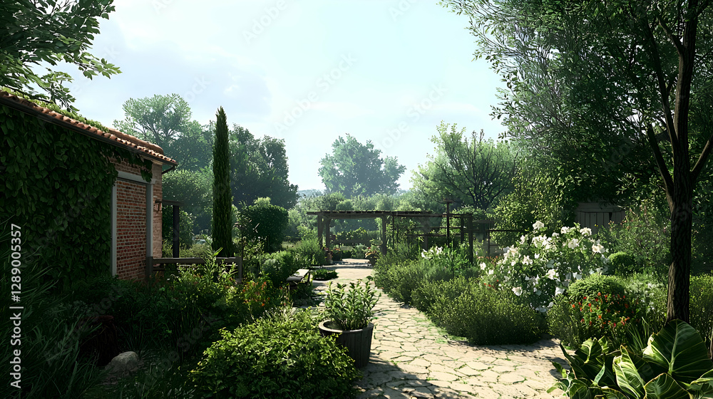 Sunlit Mediterranean Garden Path with Rustic Brick Building
