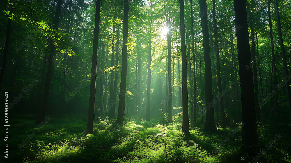 Obraz premium Enchanting Green Forest with Sun Rays - Lush Woodland Nature Scene, nature photography, environmental awareness campaigns, eco-tourism promotions, mindfulness content, wellness blogs,