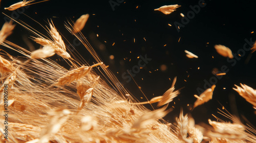 Wheat chaff floating against dark background for natural autumn design concepts
