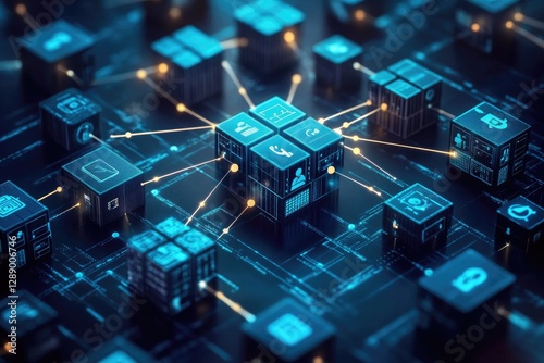 Connected digital cubes, intricate network, futuristic technology photo