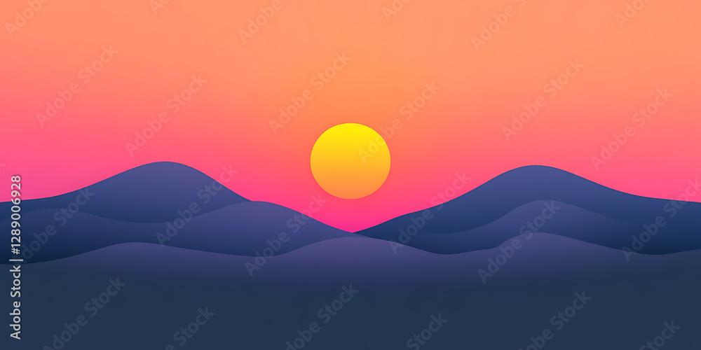 Fototapeta premium Vibrant sunset over rolling hills, a serene landscape painting nature's colorful dance at dusk. The sky bursts with warm hues, reflecting on gentle slopes.