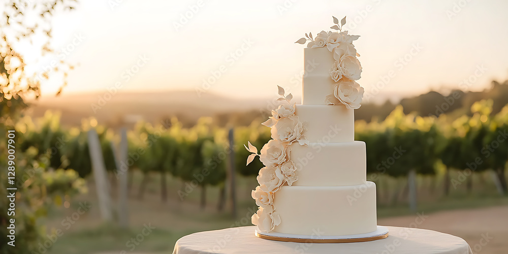 Obraz premium Elegant tiered cake decorated with delicate sugar flowers set against a picturesque vineyard backdrop. A sweet celebration of love.