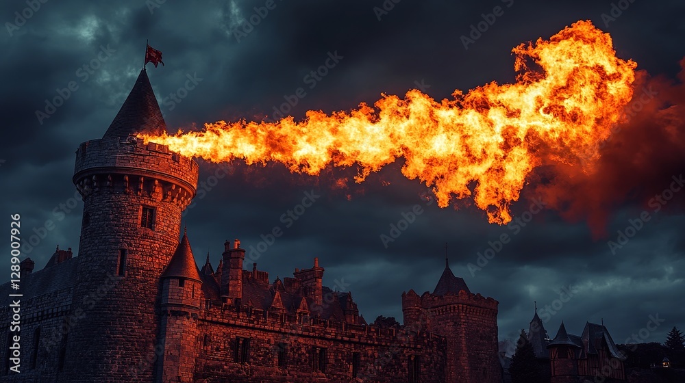Fototapeta premium Fiery Dragon Breath Engulfs Castle Tower at Dusk