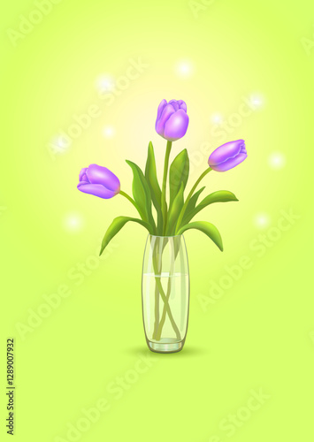 Three purple tulips stand in a glass vase on a vertical yellow-green background with highlights. Greeting cards. Happy Birthday. International Women's Day. Happy Spring festival. Vector illustration.
