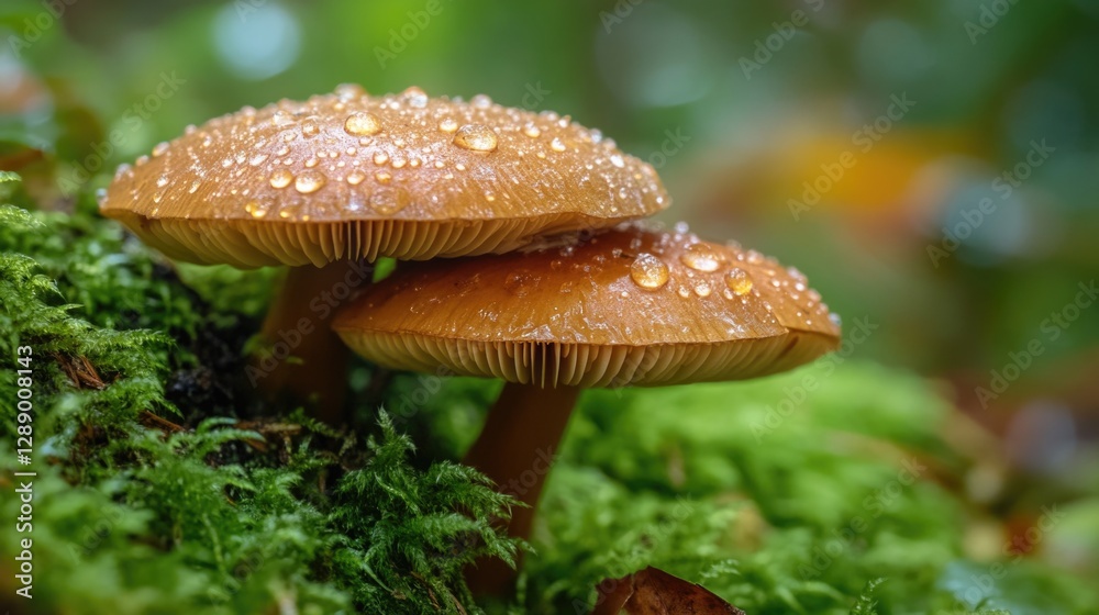 Two mushrooms sit atop a thick layer of forest moss Two mushrooms sit atop a thick layer of forest moss