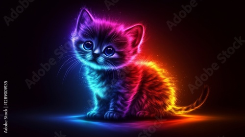 Artwork featuring a neon rainbow, futuristic, glowing, adorable cat kitten in space, set against an isolated black background. A fairy tale fantasy magic kids' book wallpaper cover
