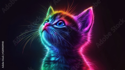 Illustration of a neon rainbow futuristic glowing adorable cat kitten in space, with a black isolated dark background. Suitable for a fairy tale fantasy magic kids' book wallpaper cover