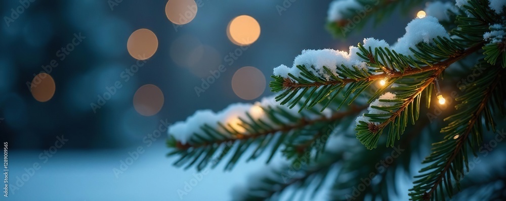 An isolated branch of a fir tree lit from within with soft white fairy lights, gentle glow, snowy background An isolated branch of a fir tree lit from within with soft white fairy lights, gentle glow, snowy background