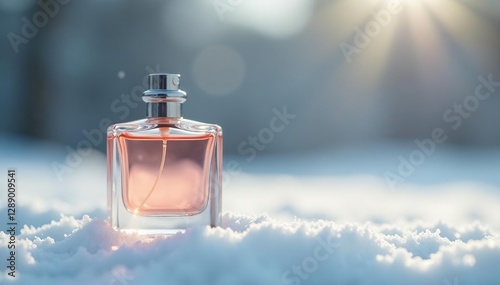 A delicate perfume bottle against a soft gray sky, subtle, gentle, winter