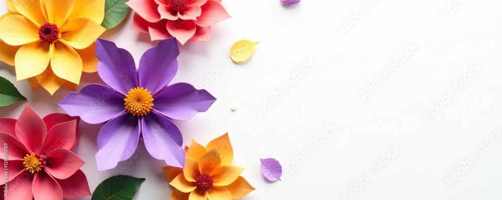 White background with colorful kusudama flower arrangement in shades of purple and yellow, art, arrangement, white White background with colorful kusudama flower arrangement in shades of purple and yellow, art, arrangement, white