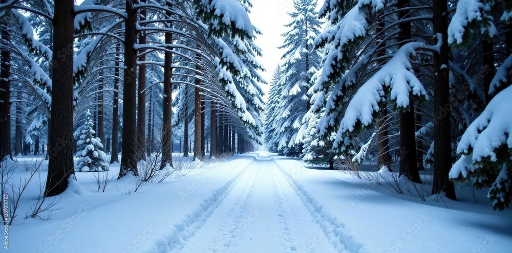 Naklejka premium Forest path covered with a thick layer of fresh snow, nature, stillness