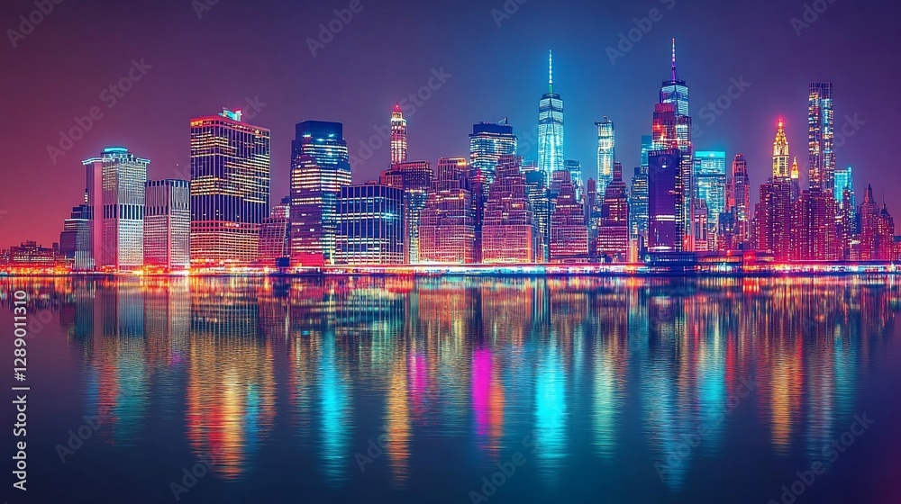 Fototapeta premium Vibrant cityscape at night with colorful lights reflecting in calm water view