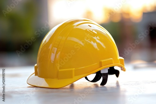 A bright yellow hard hat sits alone on a table, ready for use photo