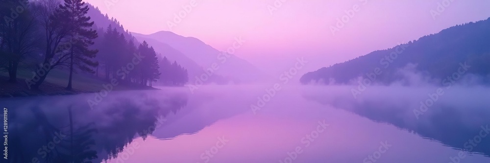 Fototapeta premium An ethereal light purple mist rising from a tranquil lake, tranquility, peaceful