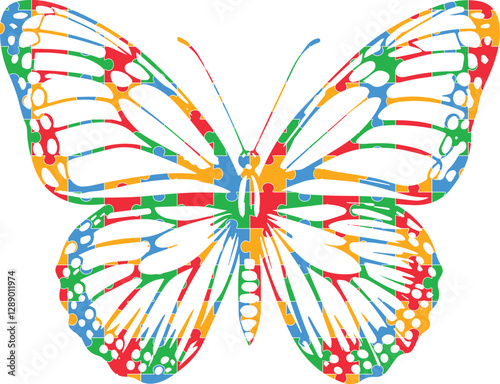 Isolated puzzle vector Butterfly background for world autism awareness day, heart, ribbon icon design template set. World autism day colorful love frame design bundle