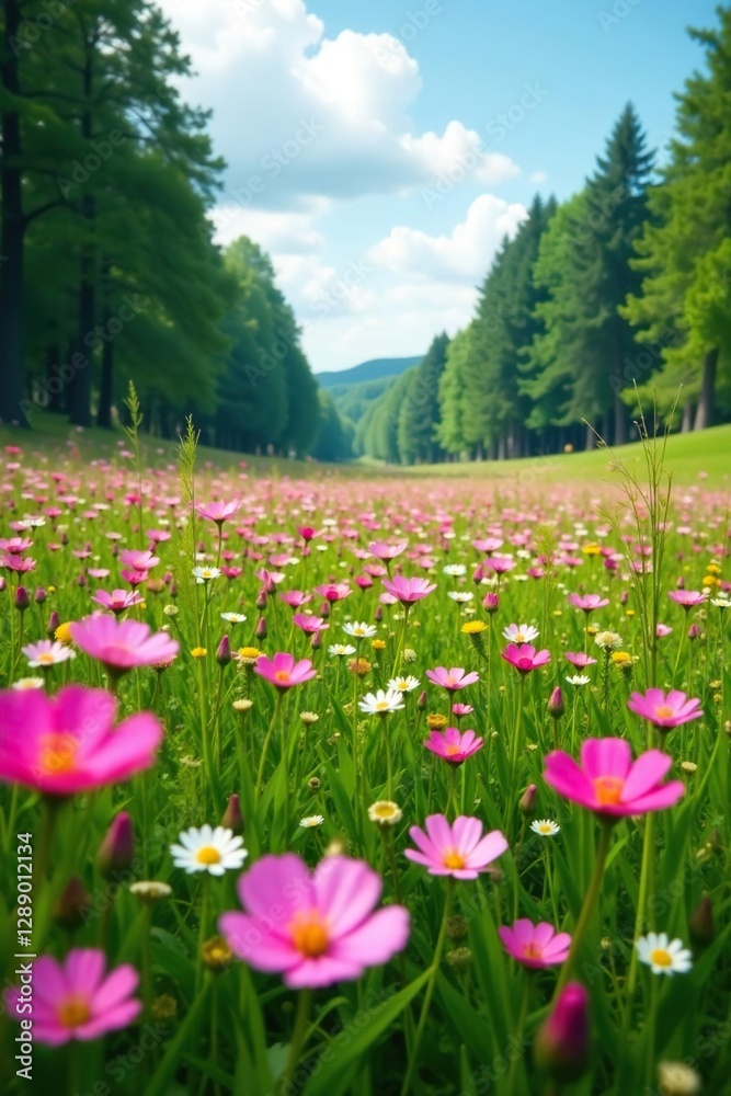 A field of pink wildflowers stretches towards the sky amidst a lush green meadow and towering trees, wildflowers, blossoms, green A field of pink wildflowers stretches towards the sky amidst a lush green meadow and towering trees, wildflowers, blossoms, green