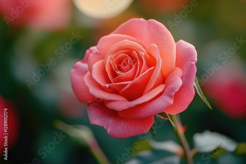 A pink rose is blooming in a garden, a beautiful and peaceful scene