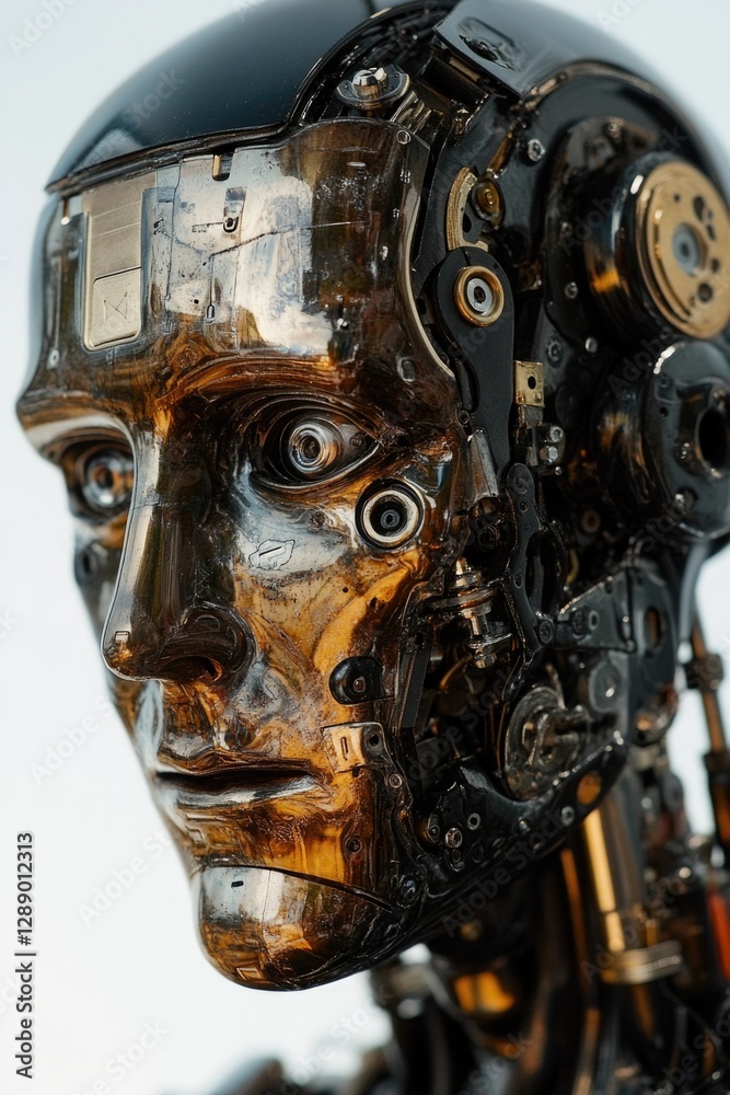 A close-up view of a robot's head and facial features A close-up view of a robot's head and facial features