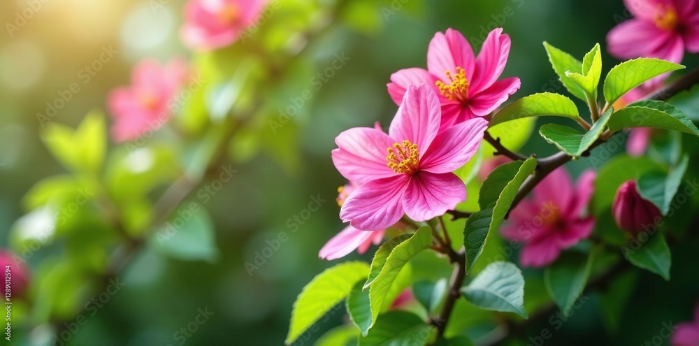 Obraz premium Pink flowers fill the air as they bloom on a tall tree,, foliage, greenery