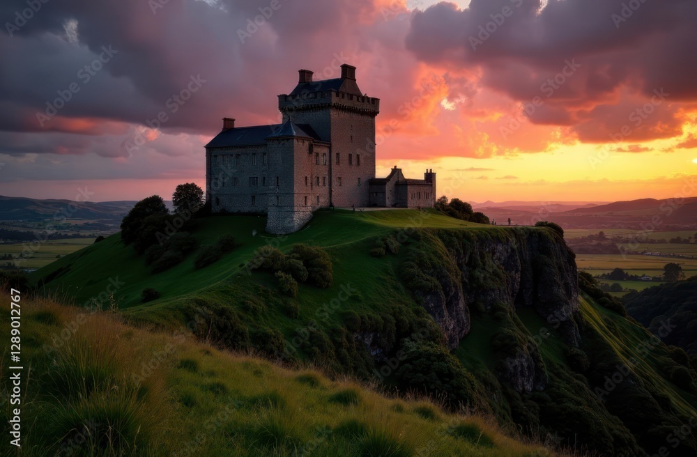 medieval castle perched on green hill during vibrant sunset. dramatic sky with colorful clouds. historical architecture. travel poster, picturesque landscape medieval castle perched on green hill during vibrant sunset. dramatic sky with colorful clouds. historical architecture. travel poster, picturesque landscape