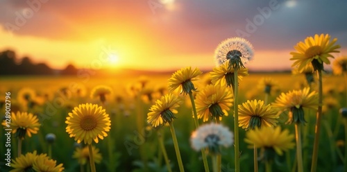 Fototapeta Naklejka Na Ścianę i Meble -  Sunset over a field of tall yellow and white dandelion flowers swaying gently in the breeze, landscape, wildflowers, dandelions
