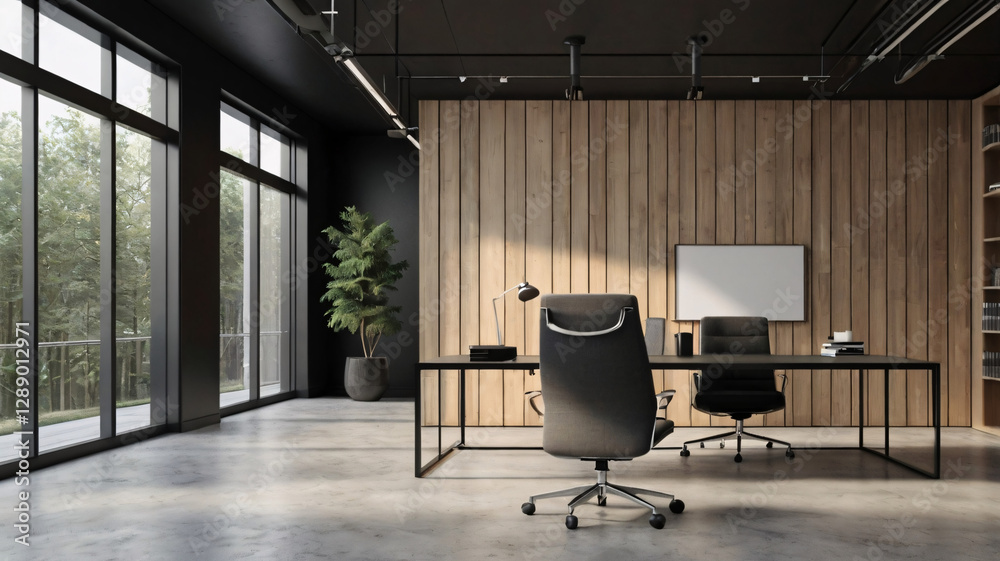 Obraz premium This office features a dark ceilinged, modern design with large windows overlooking greenery.