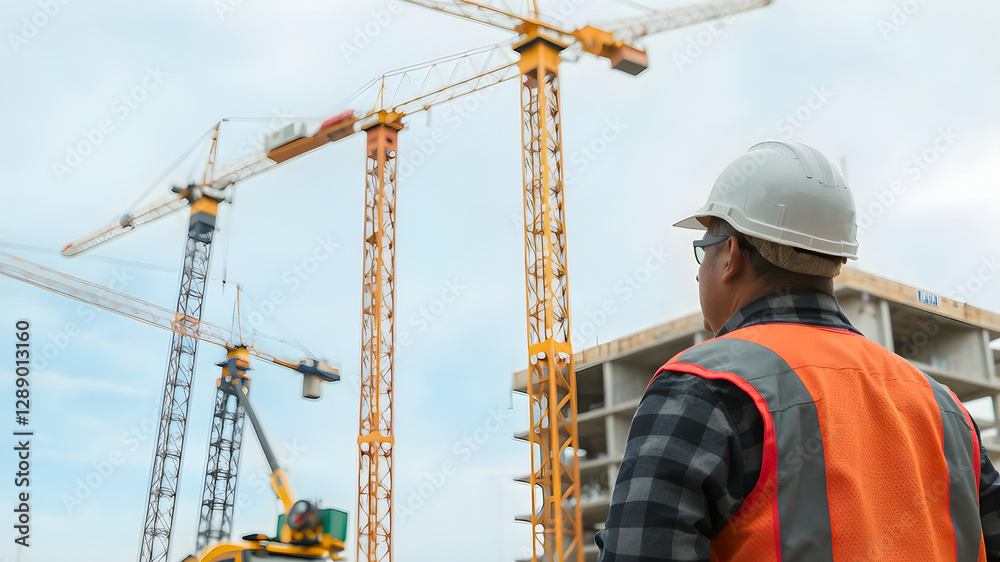 Engineer working on construction site with building cranes and building materials Engineer working on construction site with building cranes and building materials