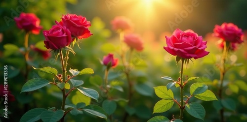 Rose stems and leaves in a wild rose bush with sunlight filtering through, landscape, plant life, horticulture