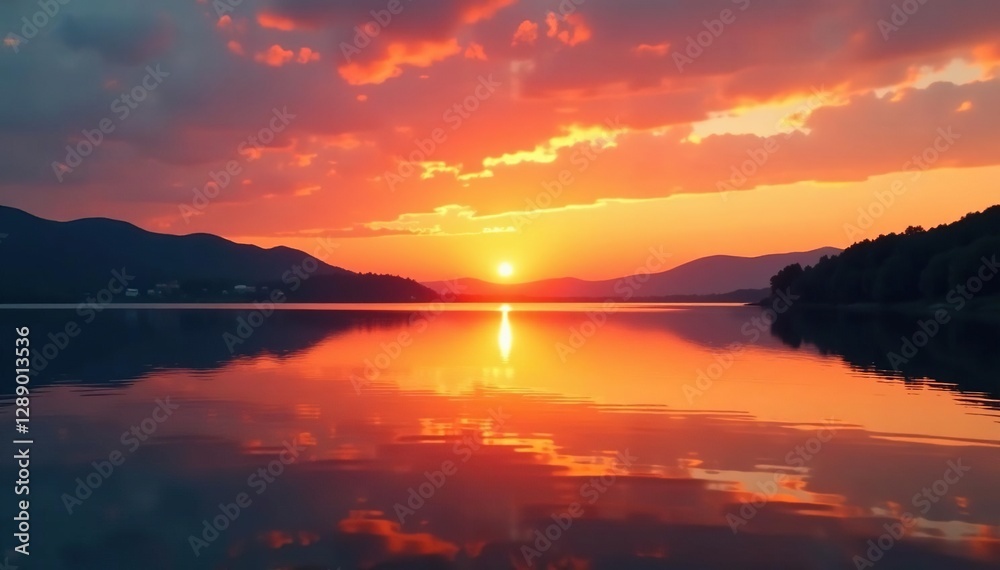 Naklejka premium Sunset over a tranquil lake with an orange-colored water background, nature,, reflection