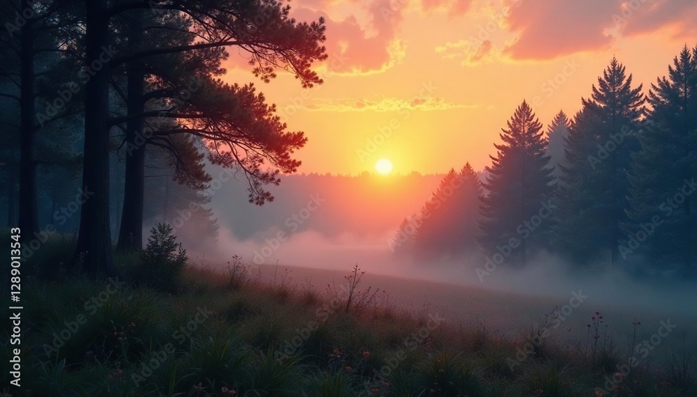 Fototapeta premium Sunset forest landscape with misty gradient background, nature, trees