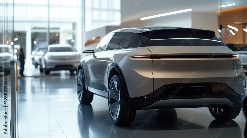 A car showroom displaying advanced electric SUVs. Featuring cutting-edge tech and versatility A car showroom displaying advanced electric SUVs. Featuring cutting-edge tech and versatility