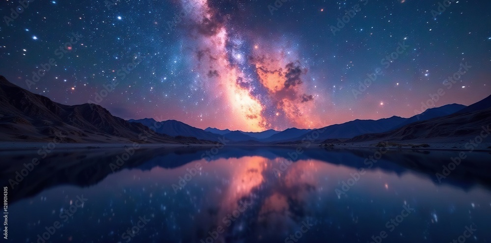 Naklejka premium Milky Way's bright core reflected in still high desert lake, lake, reflection