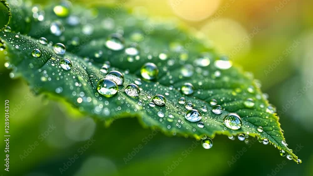 Close-Up of a Leaf Covered in Dewdrops Captured in a Lush Green Environment with Warm Light Close-Up of a Leaf Covered in Dewdrops Captured in a Lush Green Environment with Warm Light