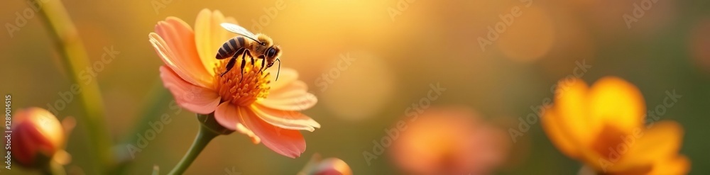 A delicate bee buzzes from one flower to another, spring, honey A delicate bee buzzes from one flower to another, spring, honey