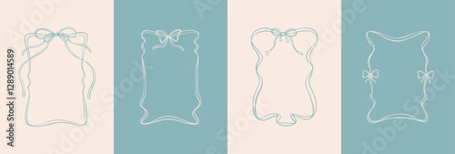 Set of rectangle blue ribbon frames with cute bows. Filigree wavy scroll tape vintage border. Art nouveau hand drawn vector illustration. Wedding, birthday, party invitation design element