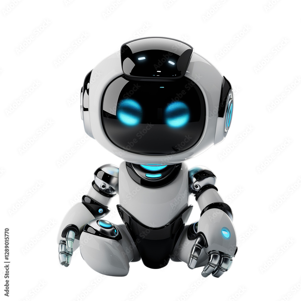 Adorable futuristic robot sitting with glowing blue eyes.. Adorable futuristic robot sitting with glowing blue eyes..