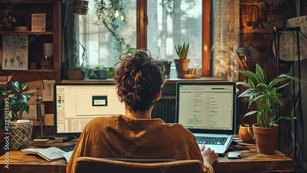 Focused Productivity: A person is working diligently at a wooden desk, bathed in natural light, with a view to the garden, surrounded by greenery and technology, capturing the essence of focused work Focused Productivity: A person is working diligently at a wooden desk, bathed in natural light, with a view to the garden, surrounded by greenery and technology, capturing the essence of focused work