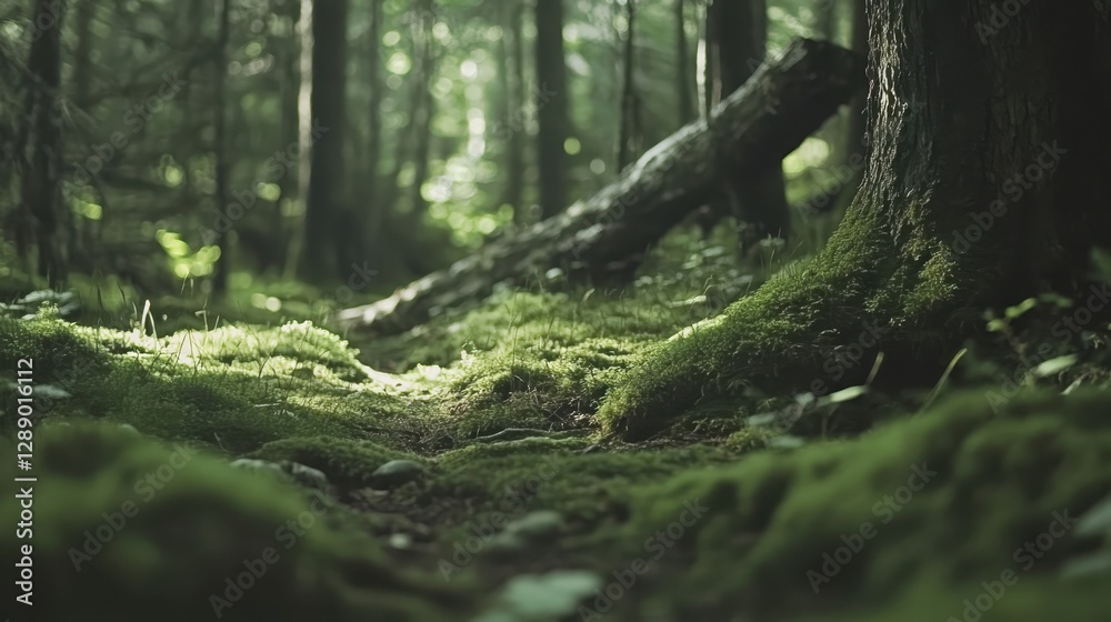 Obraz premium A lush green forest floor covered in moss with a fallen tree